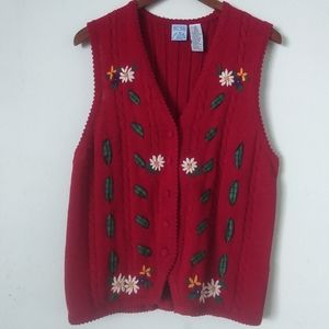Russ Vintage Sweater Vest, Floral Embroidery, Plaid Ribbon